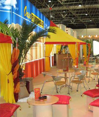 Trade fair construction by Furtenbach designed as a beach bar with a few seat possibilities